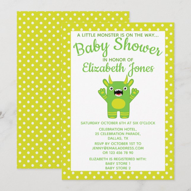 Green Stripe Little Monster Baby shower Invitation (Devant / Derrière)