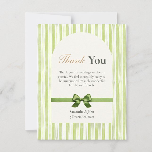 Green Stripe Modern Photo Wedding Dankeskarte (Vorderseite)
