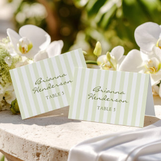 Green Stripe Wedding Escort Name Cards Tischnummer