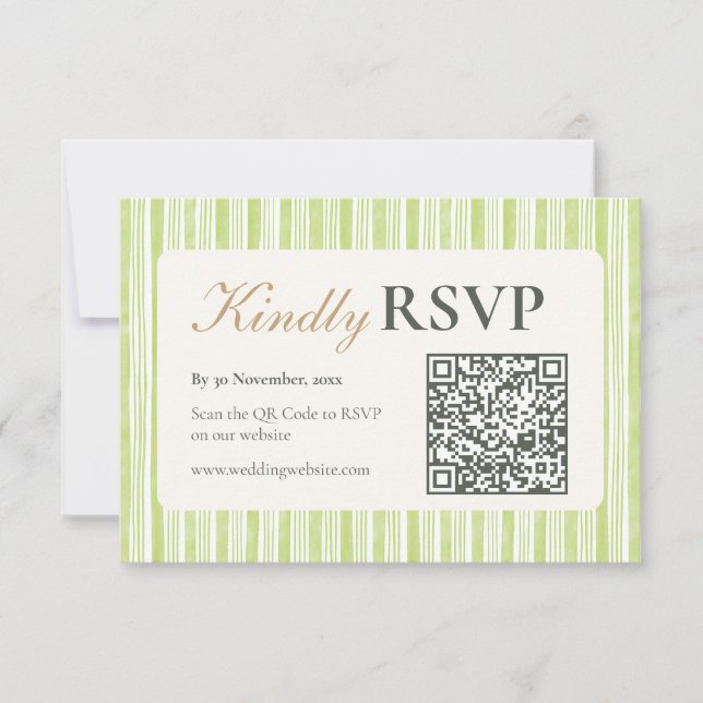 Green Stripe Wedding RSVP Postcards with QR Code Karte (Vorderseite)