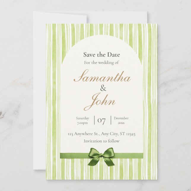 Green Stripe with Arch Wedding Save the Date Cards Einladung (Vorderseite)