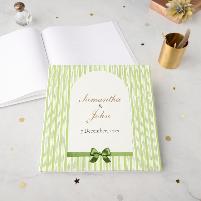 Green Striped Retro Wedding Gästebuch (Vorderseite offen)