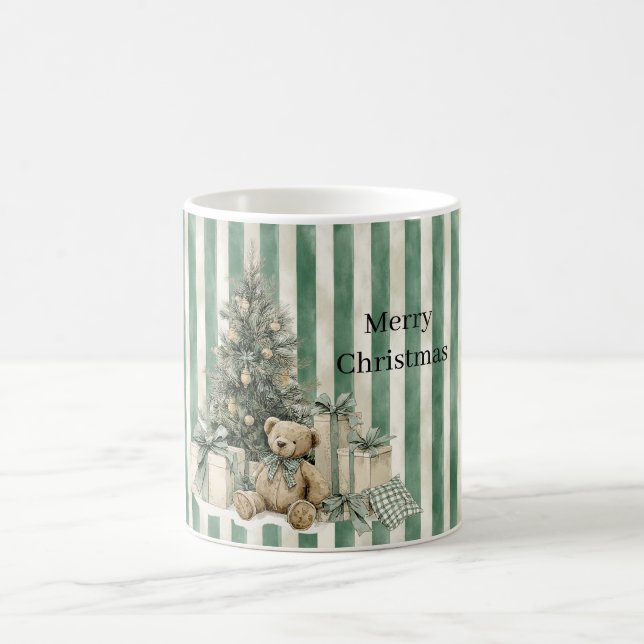 Green Stripes Christmas Tree Teddy Bear Gifts Kaffeetasse (Mittel)