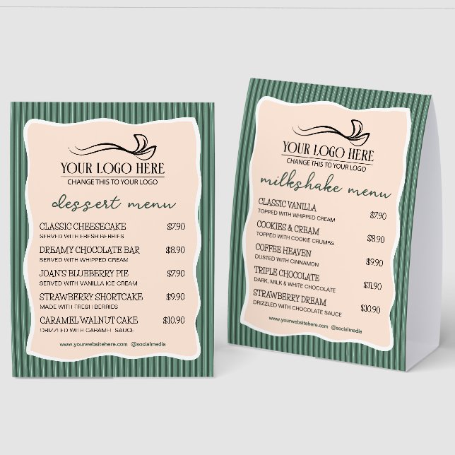 Green Stripes Wavy Frame Restaurant Café Menu Tischaufsteller (Vorder-/Rückseite)