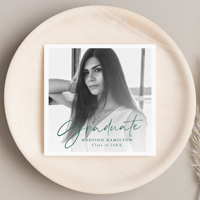 Green | Stylish Script Photo Graduation Serviette (Von Creator hochgeladen)