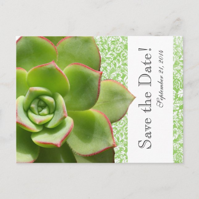 Green Succulator Vintag Damask Save the Date Ankündigungspostkarte (Vorderseite)