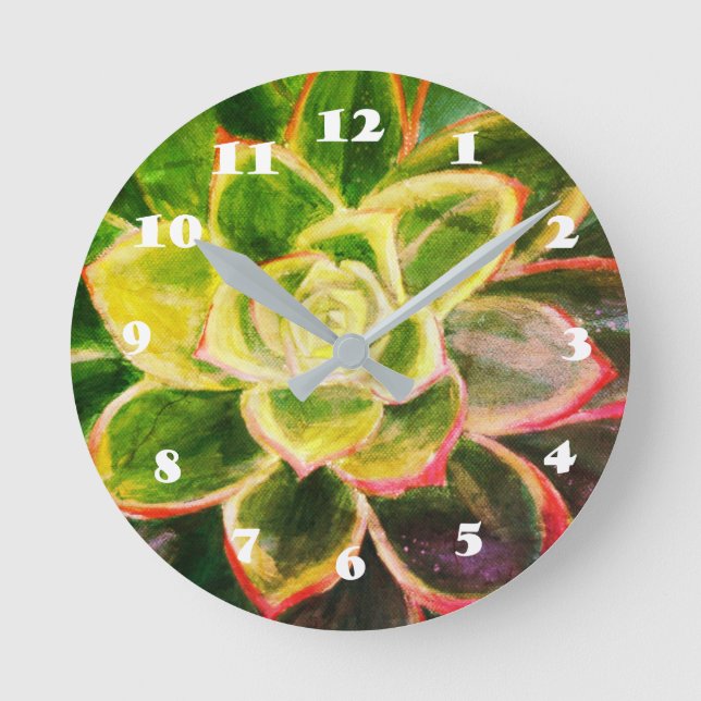 Green Succulent Plant Art Wall Clock Runde Wanduhr (Vorderseite)