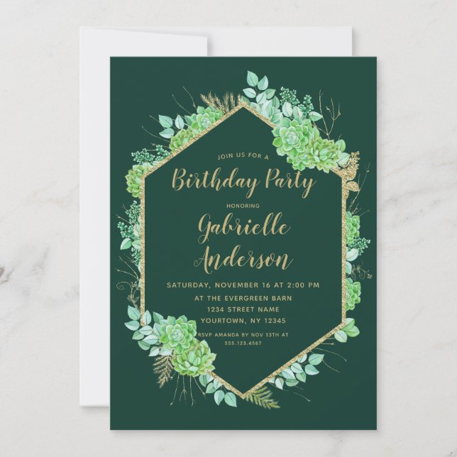 Green Succulents Gold Anniversaire Fête Invitation (Devant)