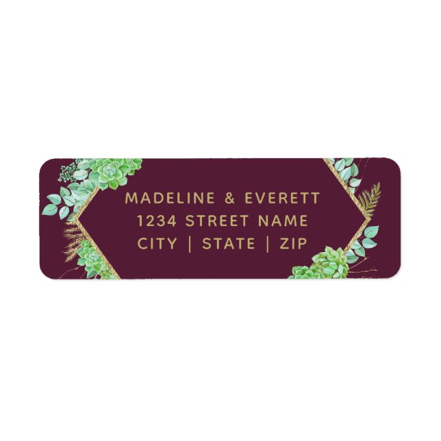 Green Succulents Gold Frame Wedding Rücksendeadres (Vorne)