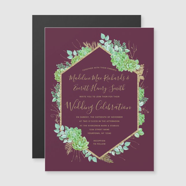 Green Succulents Gold Magnetic Wedding Einladung (Vorne/Hinten)