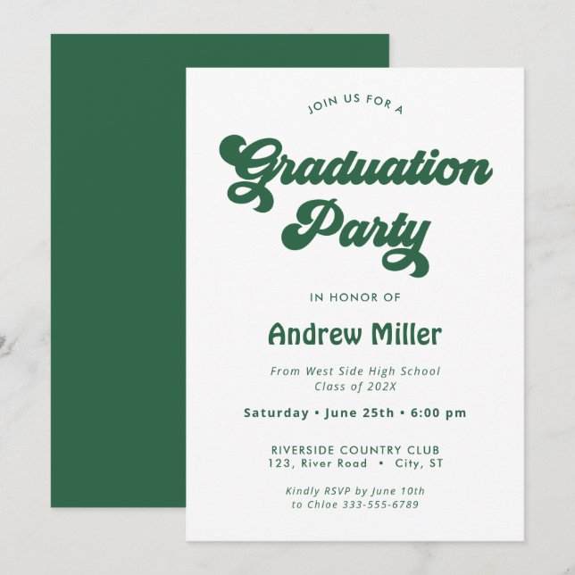 Green Super Retro Graduation Party Invitation (Devant / Derrière)