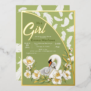 Green Swan Baby Foil Einladung