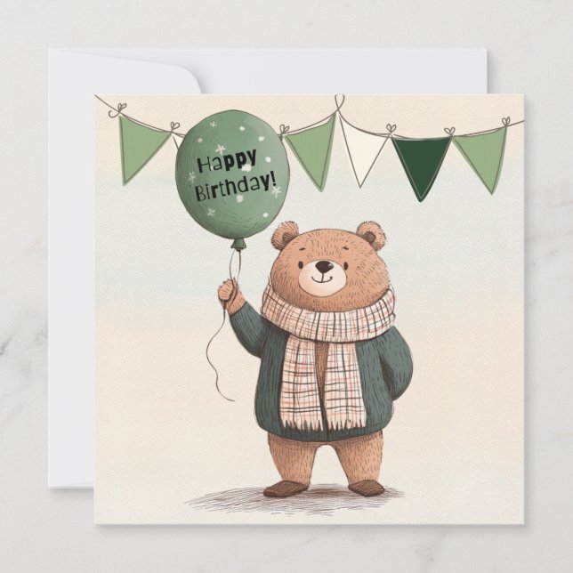 Green Sweater Bär mit Fall Kariert Scarf Einladung (Vorderseite)