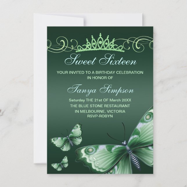 Green Sweet16 Butterfly & Tiara Birthday Einladung (Vorderseite)
