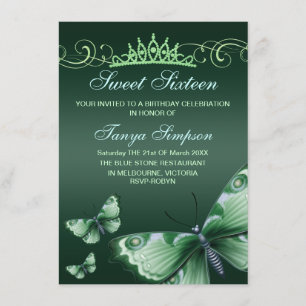 Green Sweet16 Butterfly & Tiara Birthday Einladung