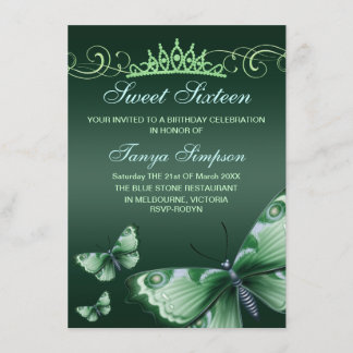 Green Sweet16 Butterfly & Tiara Birthday Einladung