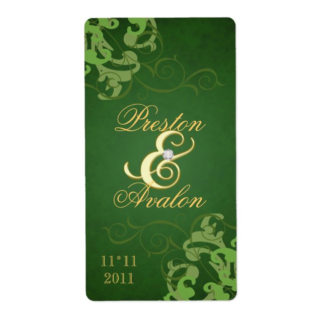 Green Swirl Gold Jeweled Wedding Wine Label (Vorne)