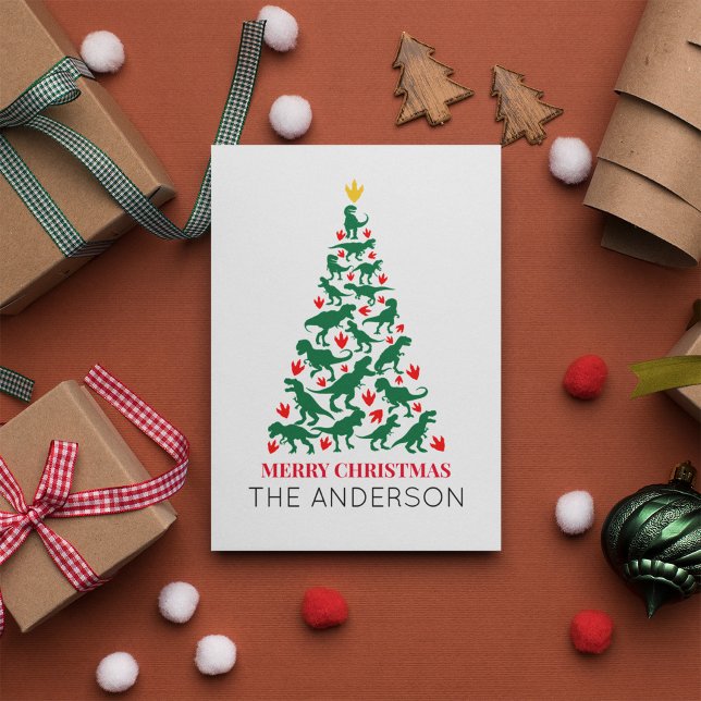 Green T Rex Christmas Tree Red Paw Postkarte (Von Creator hochgeladen)