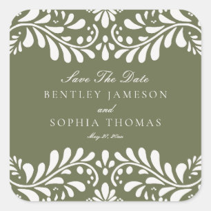 Green Talavera Tile Fiesta Save the Date Envelope Quadratischer Aufkleber