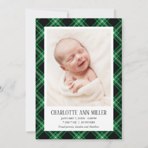 Green Tartan Baby Birth Announcement Foto Card Ankündigung