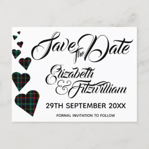 Green Tartan Hearts Enregistrer la date Carte post