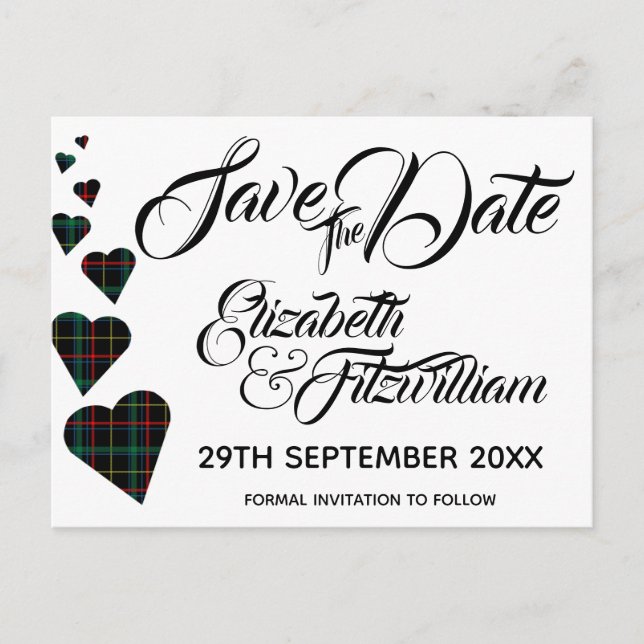 Green Tartan Hearts Enregistrer la date Carte post (Devant)