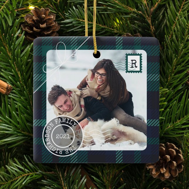 Green Tartan Kariert Delivery Parcel 2 Foto Family Keramikornament (Von Creator hochgeladen)