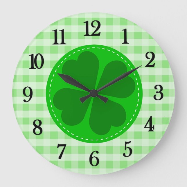 Green Tartan Muster und Kleber Lucky Große Wanduhr (Vorderseite)