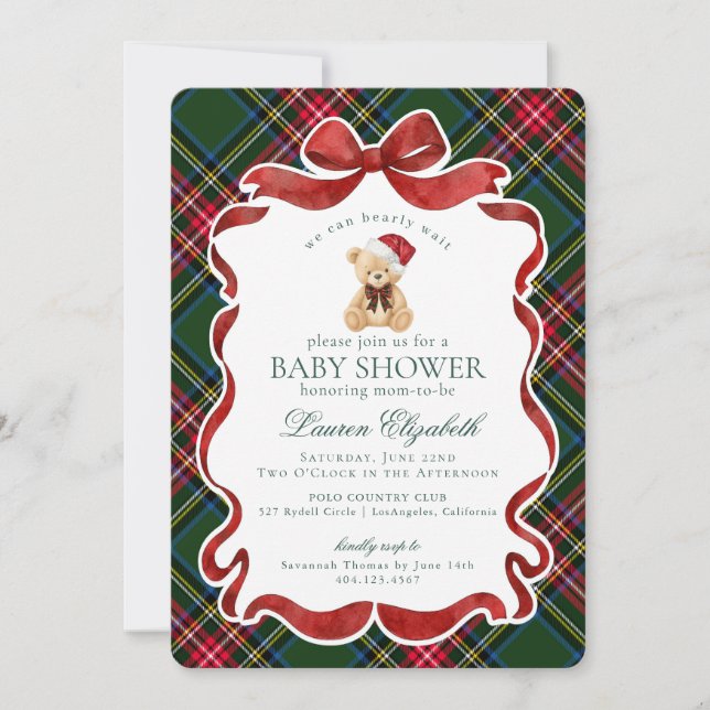 Green Tartan Plaid Christmas Bear Baby Shower Einladung (Vorderseite)