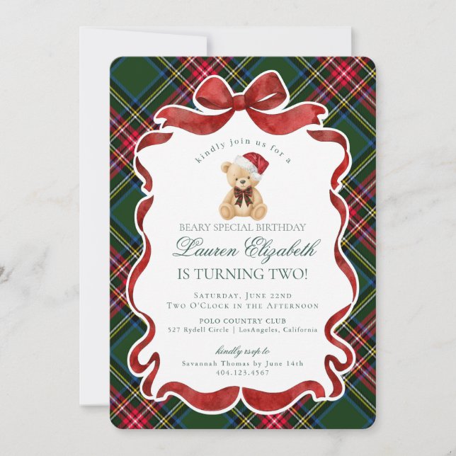 Green Tartan Plaid Christmas Bear Birthday Einladung (Vorderseite)