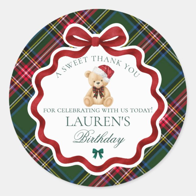 Green Tartan Plaid Christmas Bear Birthday Favor Runder Aufkleber (Vorderseite)