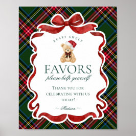 Green Tartan Plaid Christmas Bear Party Favor Sign Poster