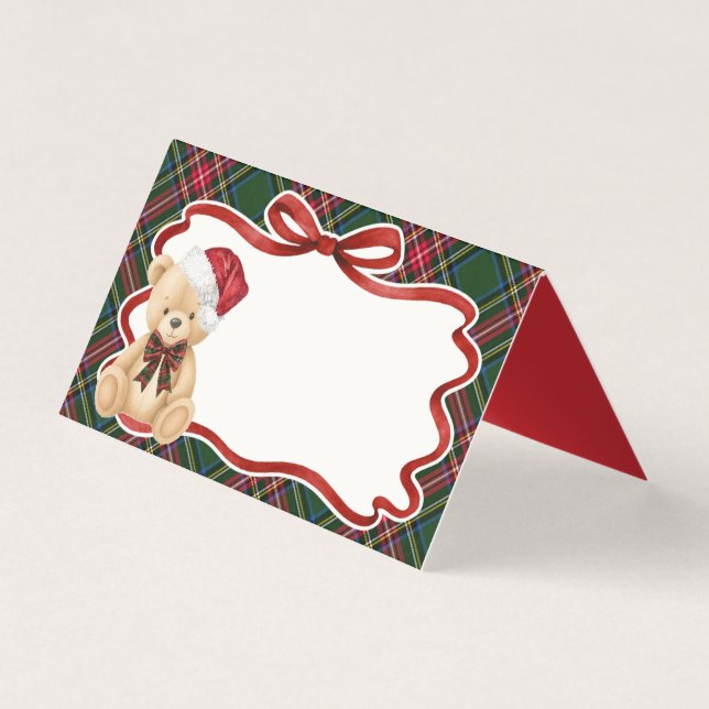 Green Tartan Plaid Christmas Bear Place Card (Vorderseite)