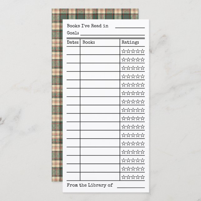Green Tartan-Plaid Reading List Tracker Flat Card (Vorne/Hinten)