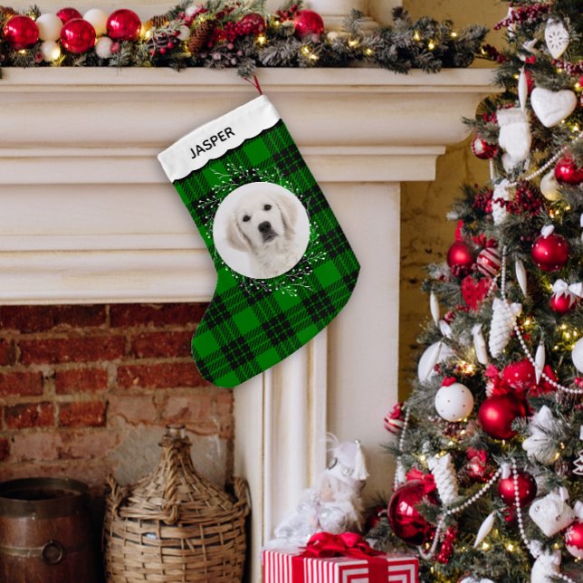 Green Tartan Plaid Winter Wreath Pet Dog Photo Kleiner Weihnachtsstrumpf (Photo green tartan plaid pet photo Christmas stocking)