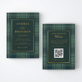 Green Tartan Polo Plaid Vintage QR Code Wedding Einladung
