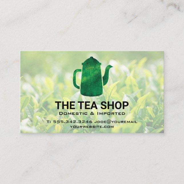 Green Tea Kettle | Tee-Pflanze-Felder-Visitenkarte Visitenkarte (Vorderseite)