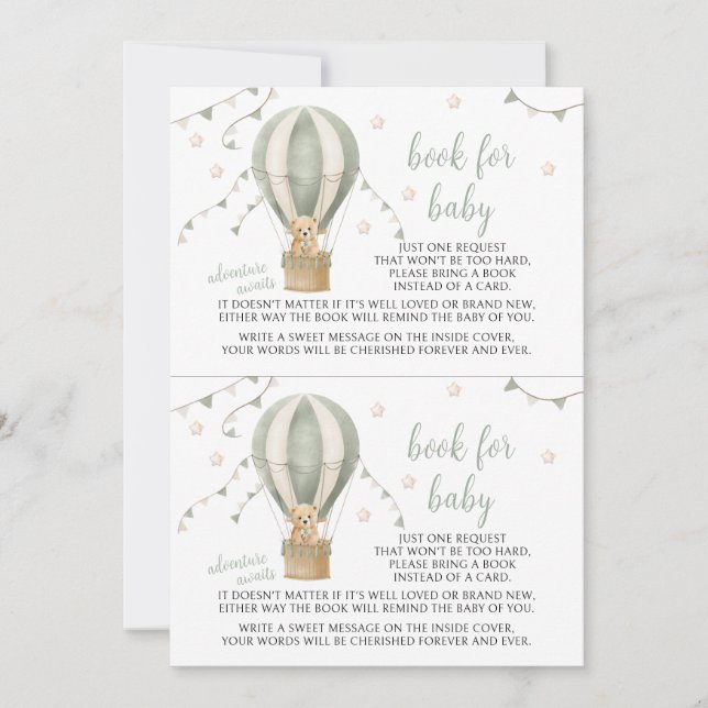Green Teddy Balloon Adventure Book for Baby Shower Einladung (Vorderseite)