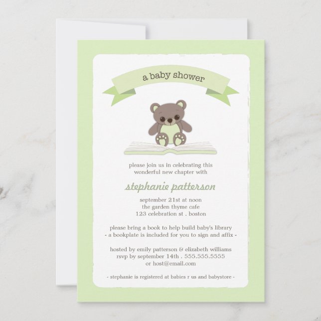 Green Teddy bringen eine Buchen Baby Dusche Einlad Einladung (Vorderseite)