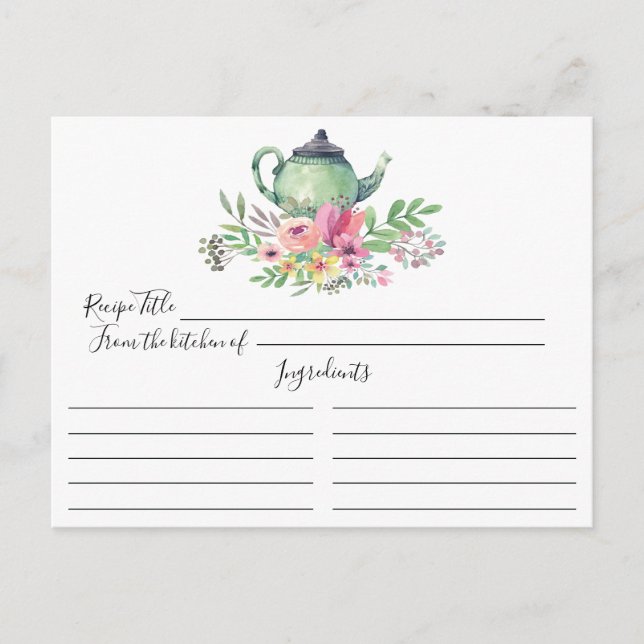 Green Tee Pot Floral Rezept Card Postkarte (Vorderseite)