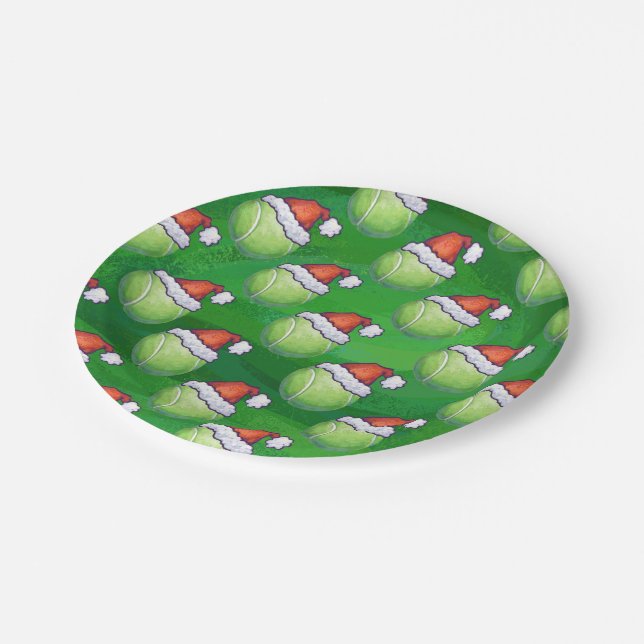 Green Tennis Ball in Weihnachtsmannmütze Muster Pappteller (Schrägansicht)