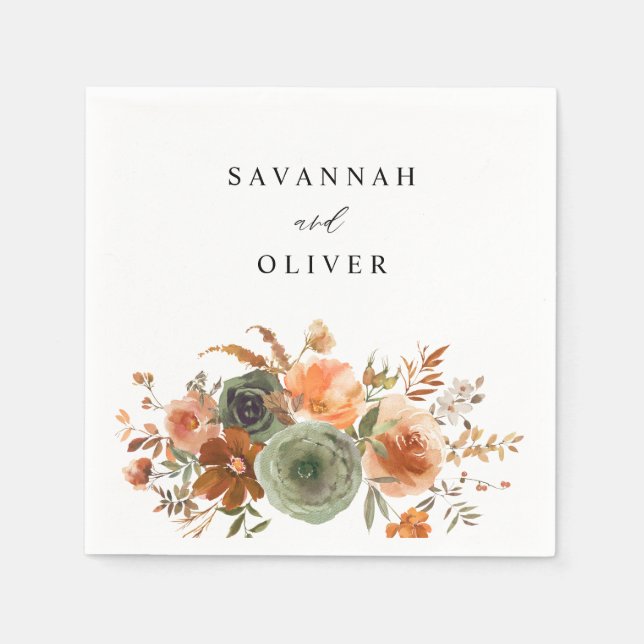 Green & Terra Cotta Floral Name Napkins Serviette (Vorderseite)