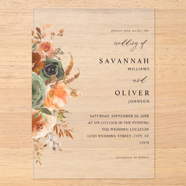 Green & Terra Cotta Floral Wedding Acryleinladungen (Vorderseite)