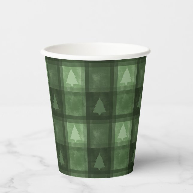 Green Textured Plaid And Fir Tree Shapes Christmas Pappbecher (Vorderseite)