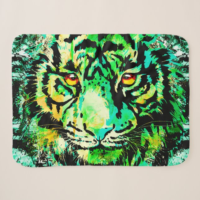 Green Tiger Head - farbenfrohe Tiger Sherpa Blanke Sherpadecke (Vorderseite (Horizontal))