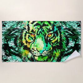 Green Tiger Head | Tiger Zeichnend Strandtuch