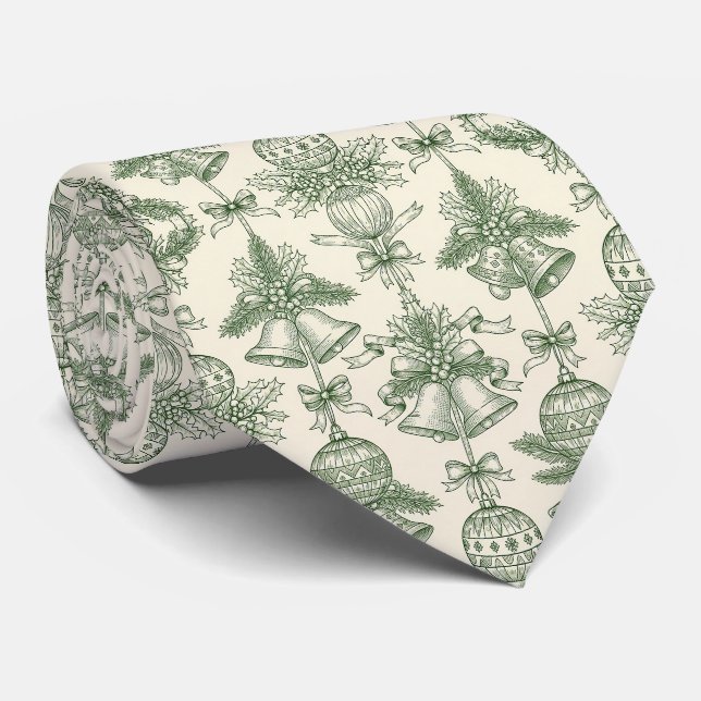 Green Toile Christmas Bells & Ornaments Pattern Krawatte (Gerollt)