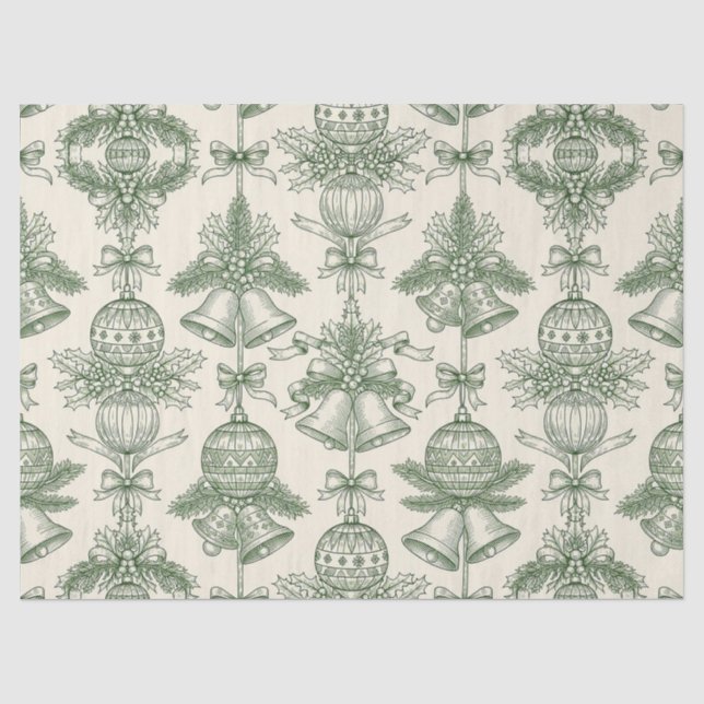 Green Toile Christmas Bells & Ornaments Pattern Seidenpapier (Vorderseite)