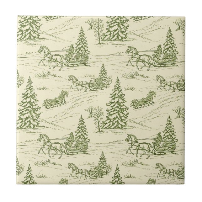 Green Toile Christmas Sleigh Ride Pattern Fliese (Vorderseite)