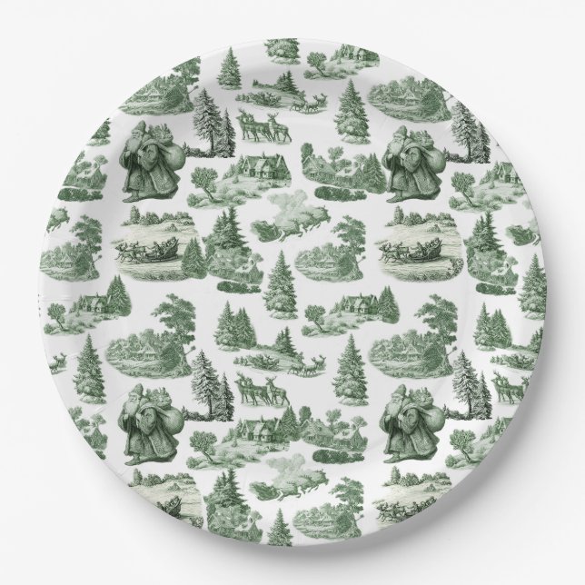 Green Toile Christmas Village Santa Reindeer  Pappteller (Vorderseite)